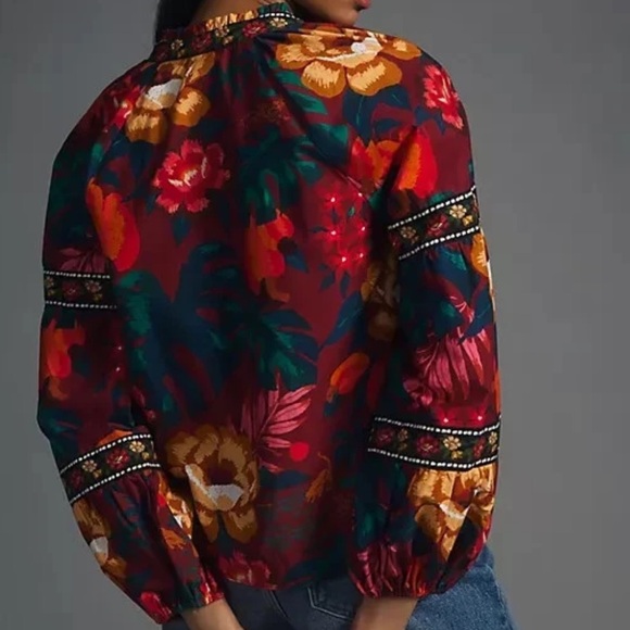 Farm Rio Poplin V-Neck Blouse Size Medium Floral Cotton Top Long Sleeve - Picture 3 of 11